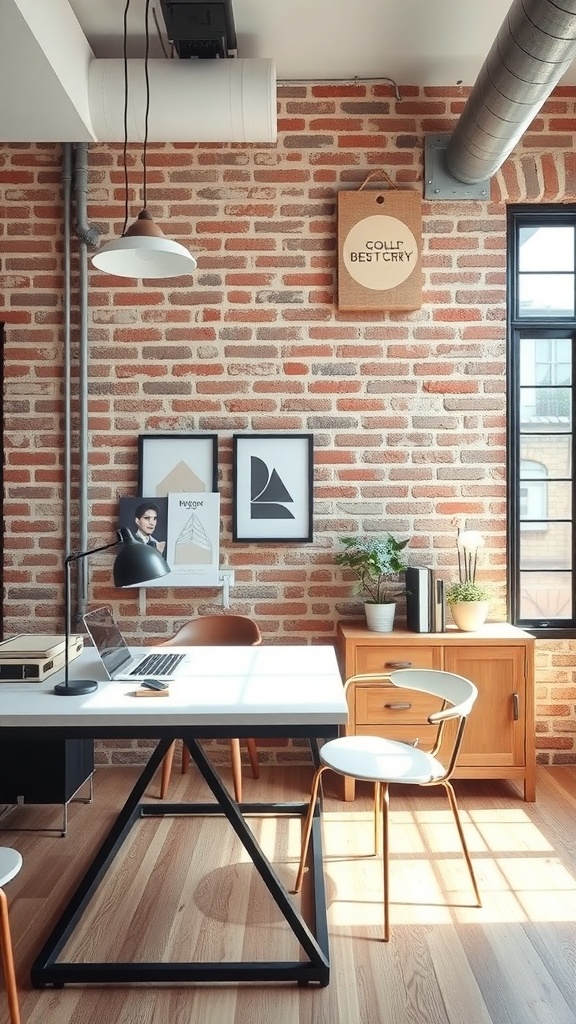 A stylish industrial chic workspace featuring exposed brick walls, a modern desk, and warm wooden accents.