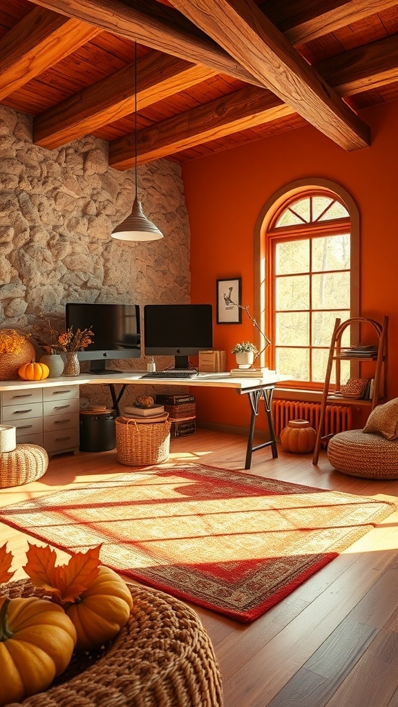 Cozy home office with warm orange walls, wooden beams, and fall decorations.