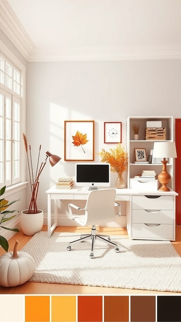 A bright home office with white furniture, showcasing a deep autumn color palette with warm tones.
