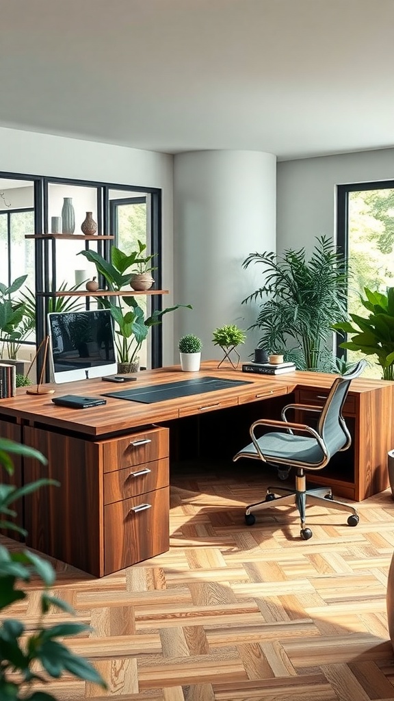 Eco-friendly L shaped executive desk with storage, surrounded by plants in a bright office space.