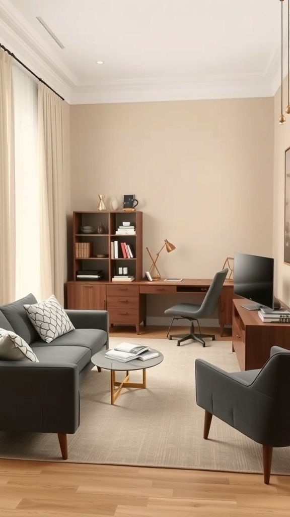 Home office featuring beige walls and charcoal gray furniture
