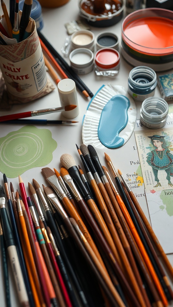 A collection of art supplies including brushes, paints, and pens on a desk.