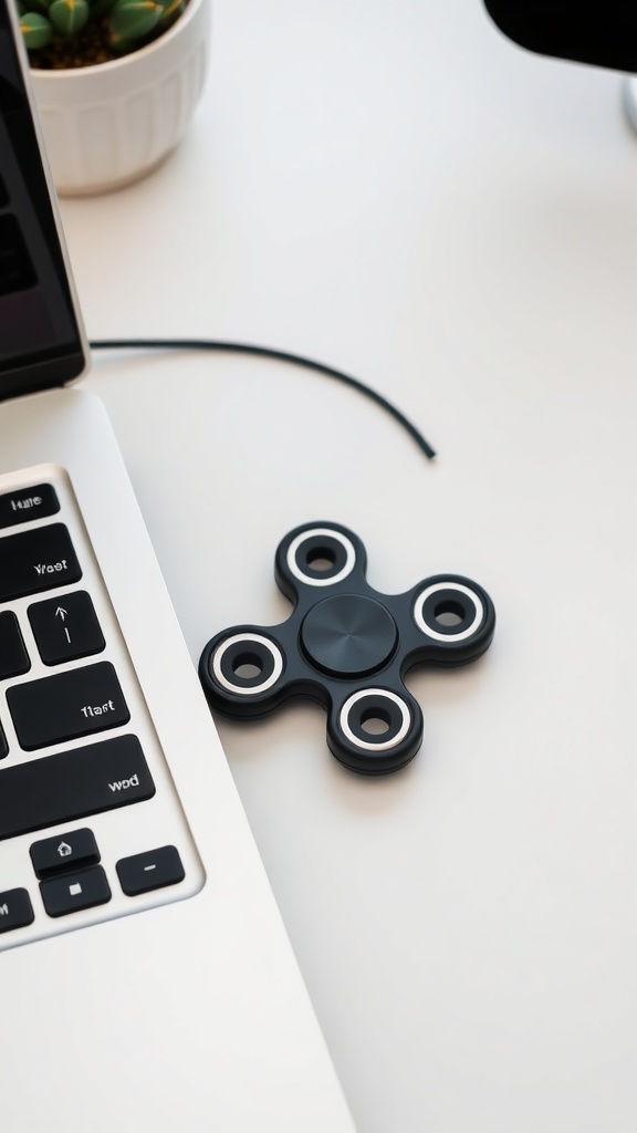 A black fidget spinner on a laptop keyboard, surrounded by office supplies.