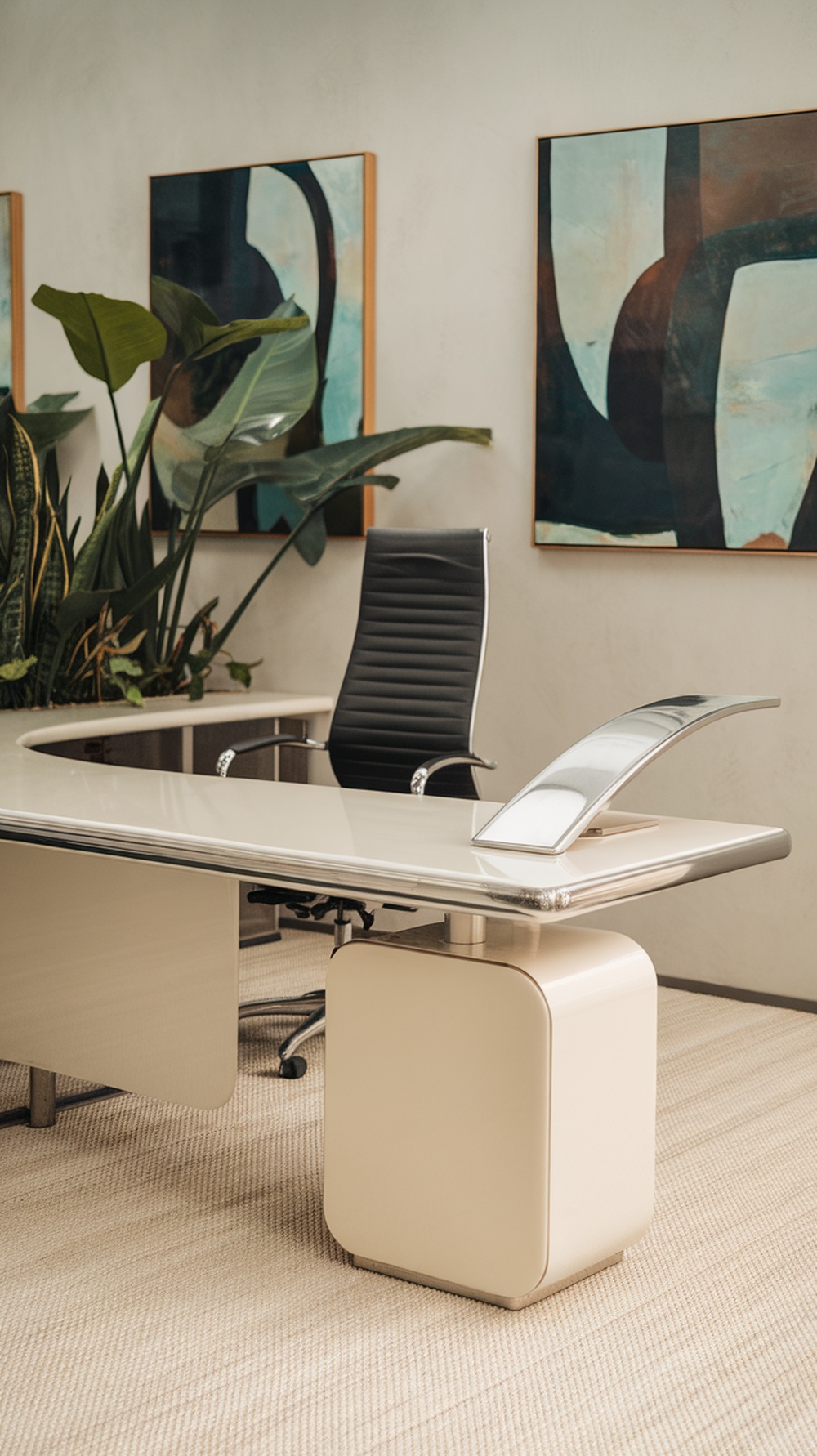 Modern office with L shaped executive desk and high-tech look