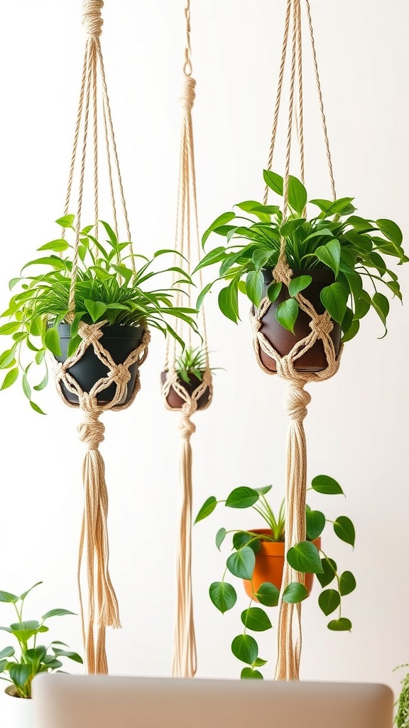 Two macrame plant hangers with green plants, hanging by a window in a home office setting.