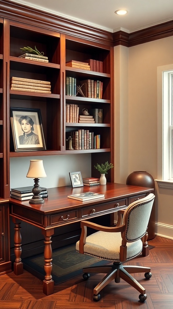 A cozy home office featuring rich mahogany furniture and a beige color palette.