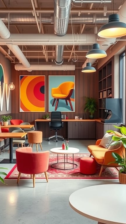 A vibrant café-style break area in an office featuring colorful furniture, modern decor, and a cozy atmosphere.