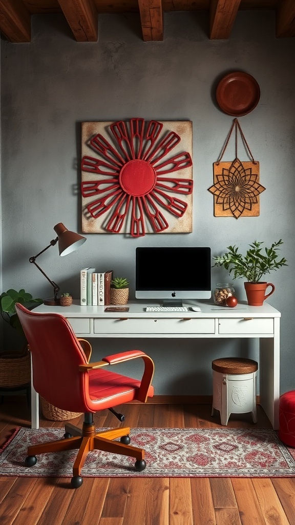 A home office with rusty red walls, featuring a desk, chair, and autumn-themed decor.