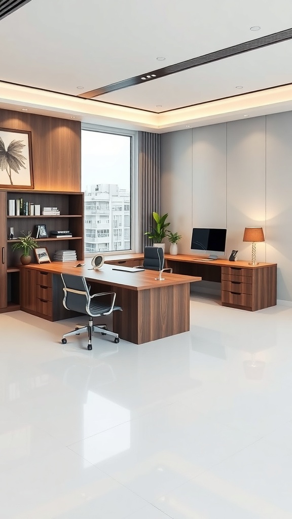 Modern L shaped executive desk in a stylish office setting