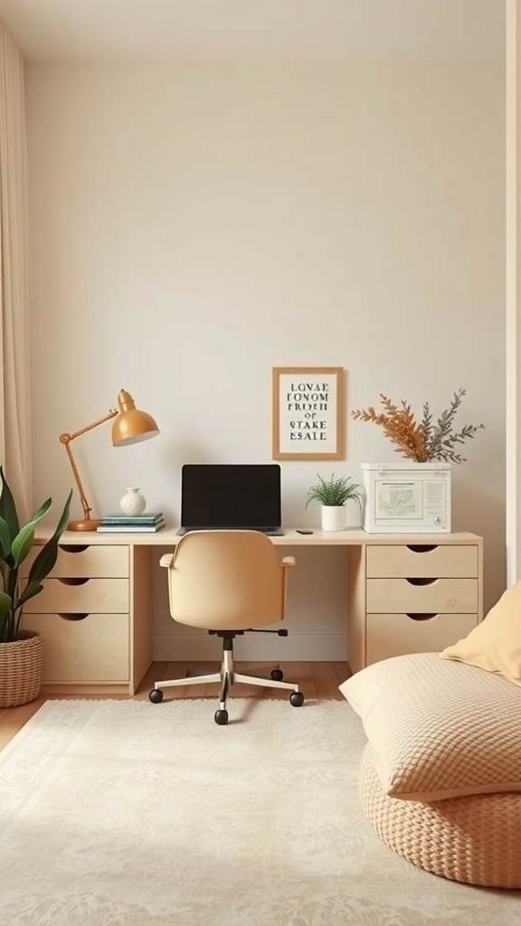 A cozy home office featuring a beige desk, cream walls, and soft textures.