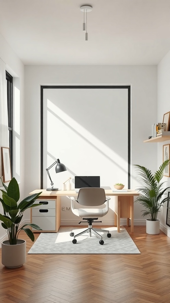 A minimalist home office with a desk, chair, and plants, featuring natural light and a clean design.