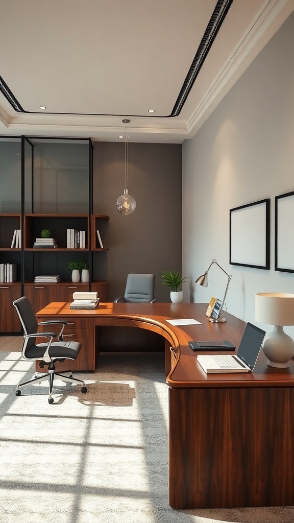 An L-shaped executive desk in a modern office setting, featuring a rich wood finish and stylish decor.