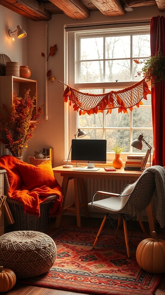 A cozy home office with autumn vibes featuring textured fabrics, warm colors, and inviting decor.
