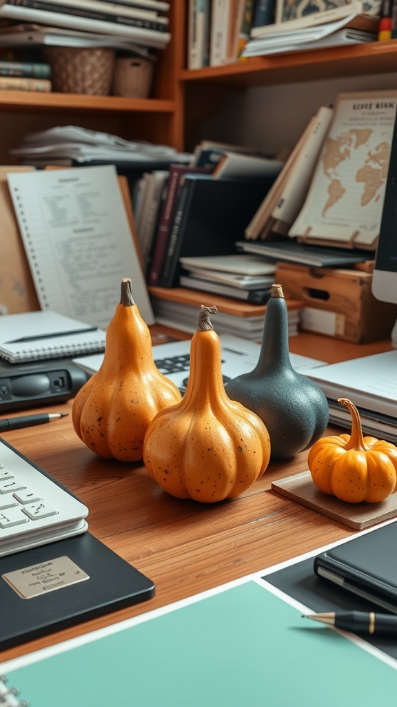 Colorful gourds on a desk with office supplies