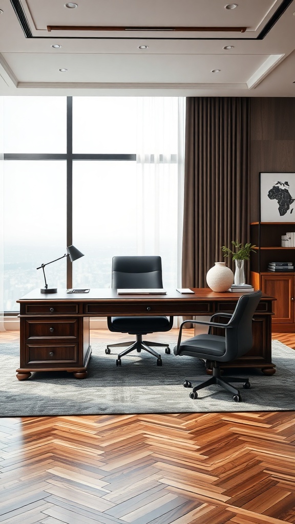 A modern executive desk with a wooden finish, ergonomic chair, and stylish decor in a well-lit office space.