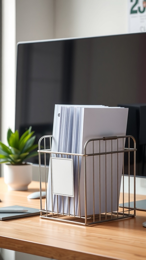 A stylish metal file organizer holding documents on a wooden desk with a computer in the background.