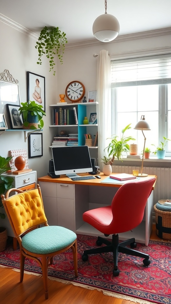A stylish home office featuring a turquoise desk, colorful chairs, and eclectic wall art.