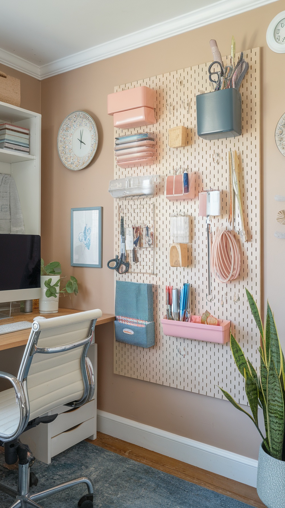 A functional pegboard wall in a home office, featuring various storage containers and office supplies.