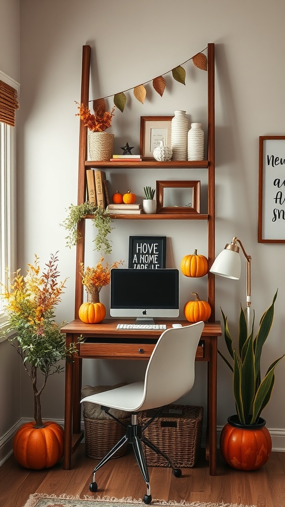 A rustic ladder shelf decorated with pumpkins, greenery, and autumn leaves in a cozy home office setting.