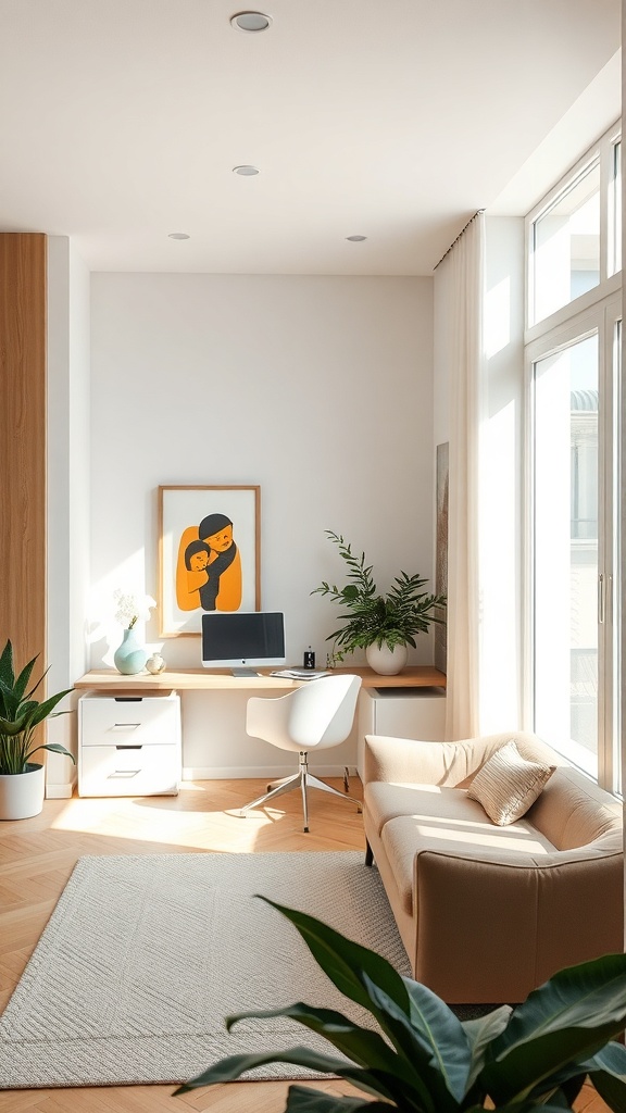 A modern minimalist home office with a desk, computer, and plants, featuring natural light and personal artwork.