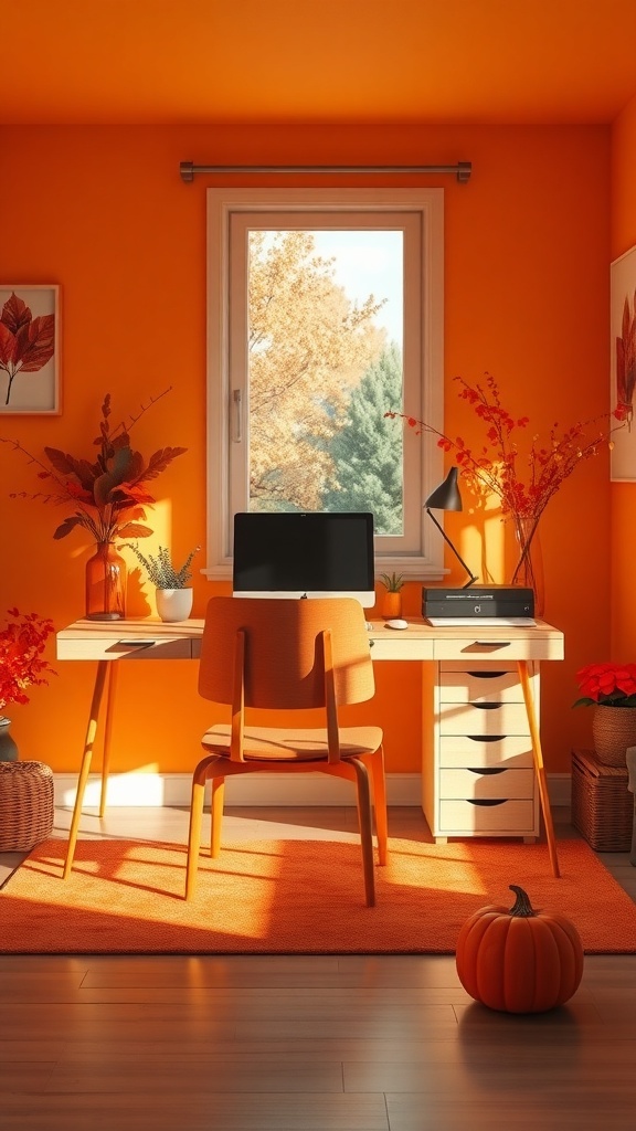 A cozy home office with burnt orange walls, a desk, and seasonal decor.