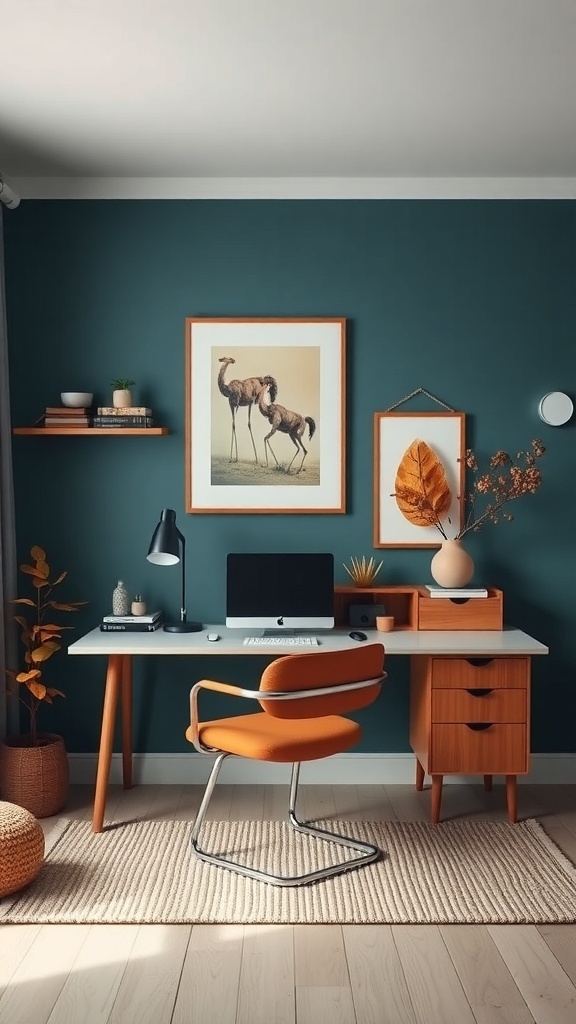 A home office featuring muted teal walls, a modern desk, and an orange chair, creating a cozy and stylish workspace.