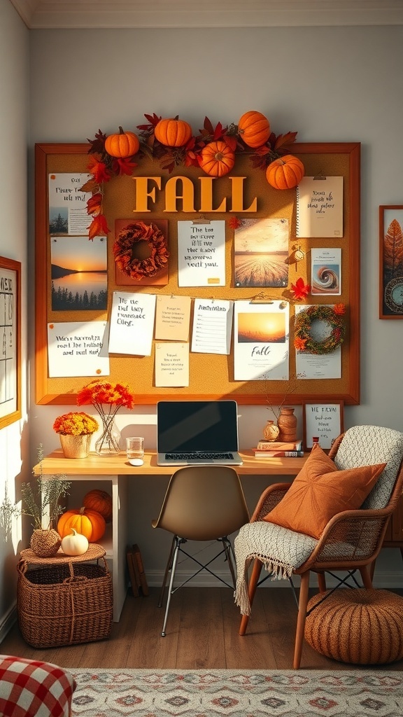 A cozy home office with a fall-themed bulletin board featuring pumpkins, autumn leaves, and inspirational quotes.