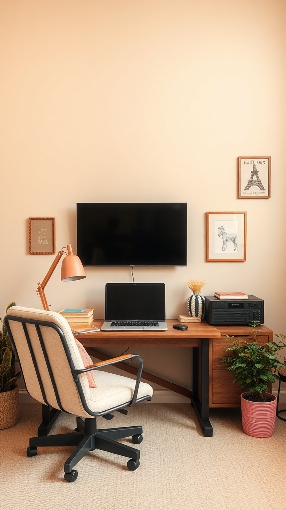 A cozy home office with beige walls and bright pink highlights, featuring a wooden desk, a laptop, and decorative plants.