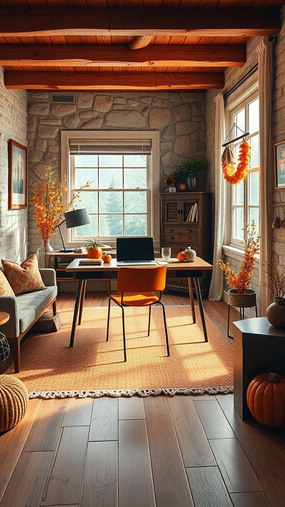 A cozy home office decorated with warm fall colors, featuring a desk, orange chair, pumpkins, and autumn leaves.