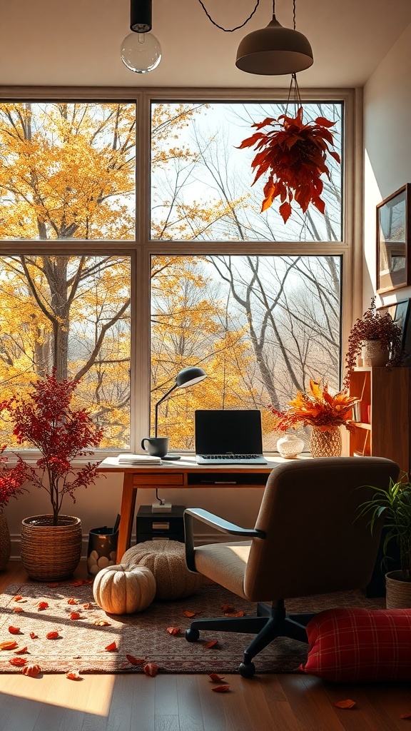 A cozy home office with large windows showcasing fall foliage, featuring a minimal desk setup and warm decor.