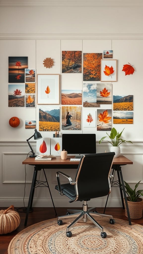 A cozy home office with a seasonal mood board featuring autumn-themed photos and decor.