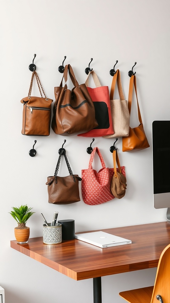 Wall hooks displaying bags and headphones in a modern home office setting.