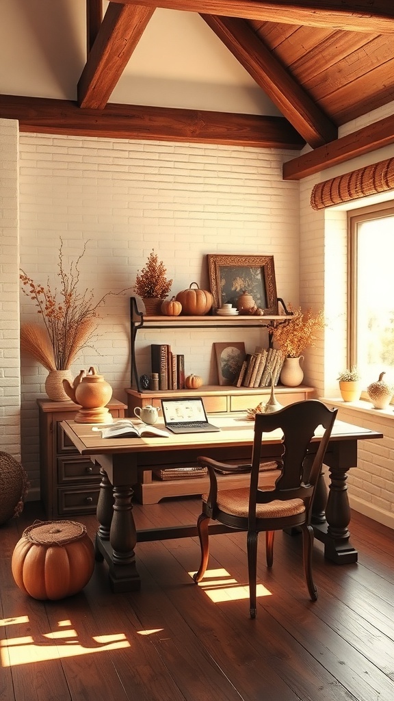 A cozy home office featuring light almond and dark brown color scheme with wooden furniture and decorative elements.