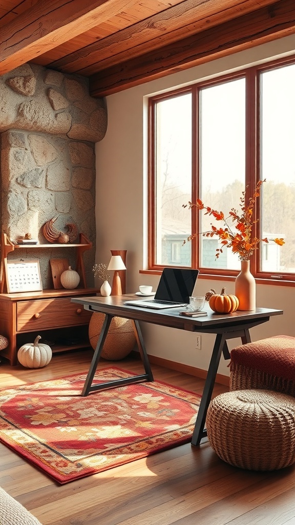 A cozy home office with a desk, laptop, and seasonal decor including pumpkins and a colorful rug.