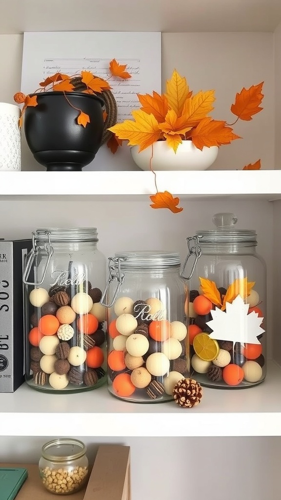 Decorative glass jars filled with acorns, twigs, and autumn leaves on a shelf, with a small pumpkin beside them.