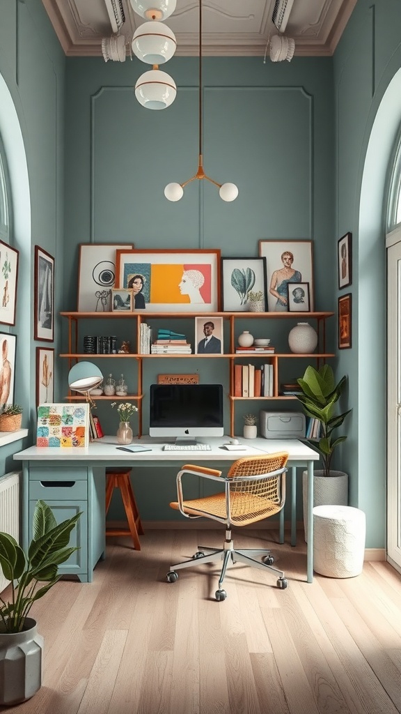 A stylish home office featuring blue walls, a modern desk, and artistic decor.