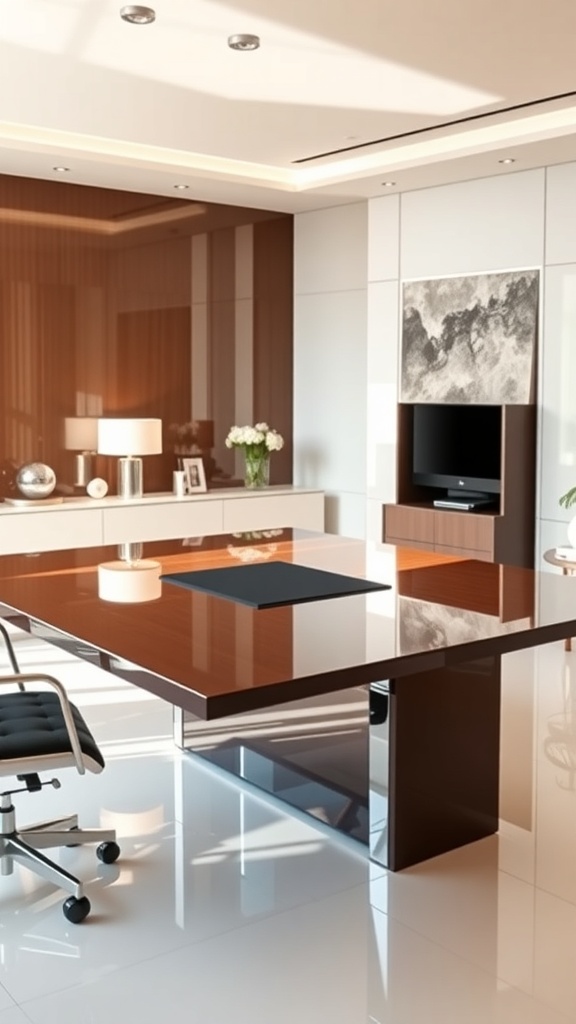 A modern high-gloss finish executive desk in an elegant office setting with a woman standing beside it.