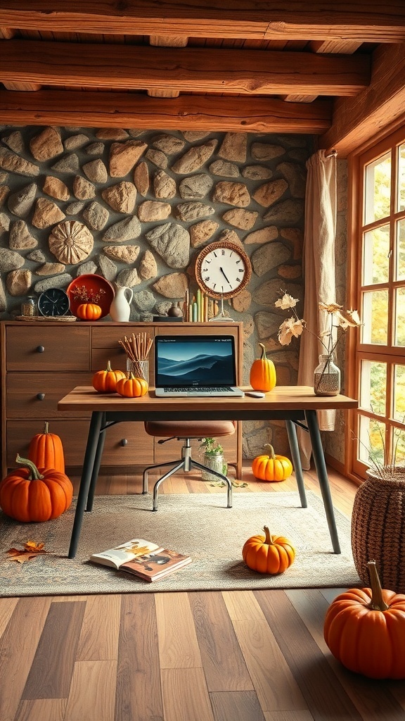 A cozy home office decorated with pumpkins on the desk and around the floor, featuring a stone wall and wooden furniture.