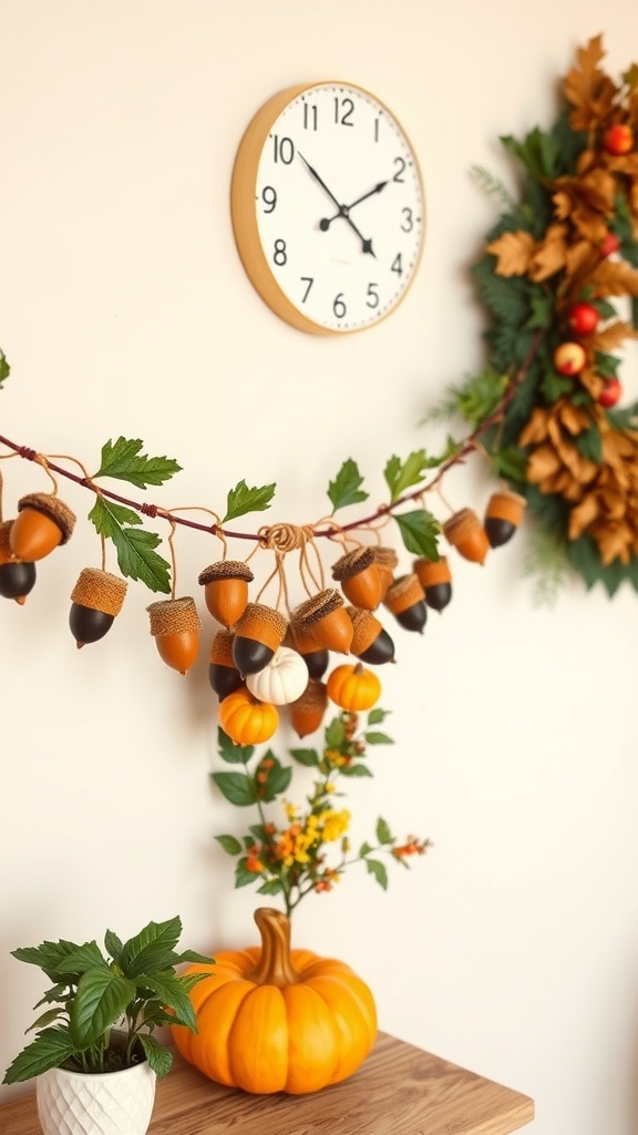 A cozy home office decorated with an acorn garland, pumpkins, and autumn-themed decor.