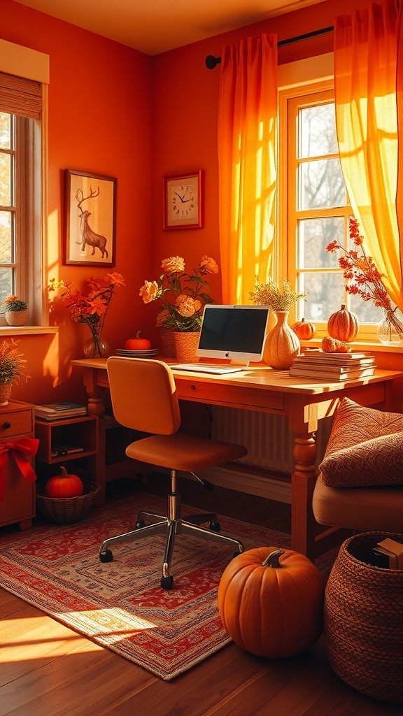 A cozy home office featuring amber tones, a wooden desk, and decorative pumpkins.