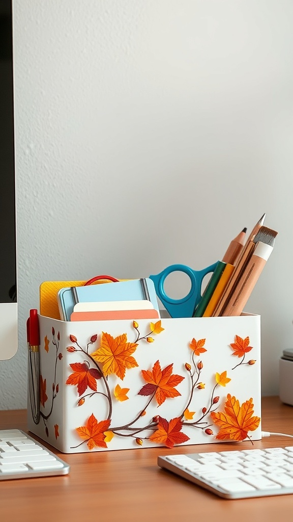 A fall-themed desk organizer decorated with autumn leaves, holding various office supplies.