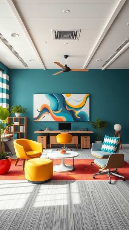 A modern office space with colorful furniture, a large wall art, and a cozy lounge area.