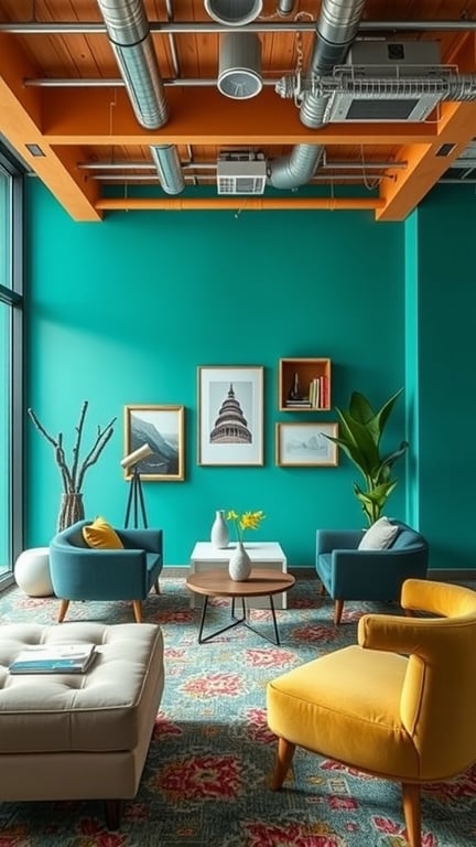 A colorful networking lounge area with teal walls, comfortable seating, and decorative elements.