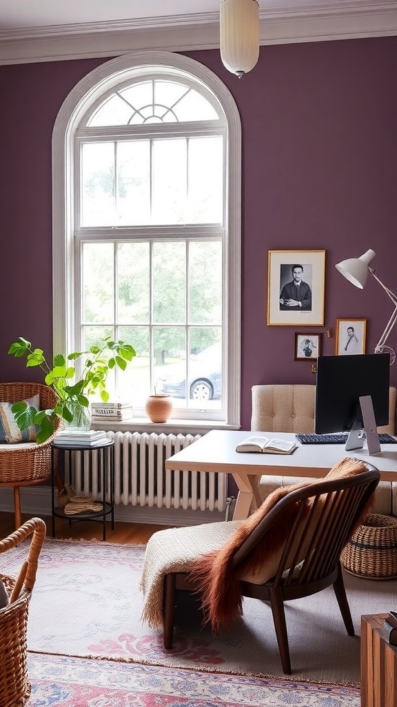 Cozy home office with berry purple walls, featuring a desk, plant, and comfortable seating.