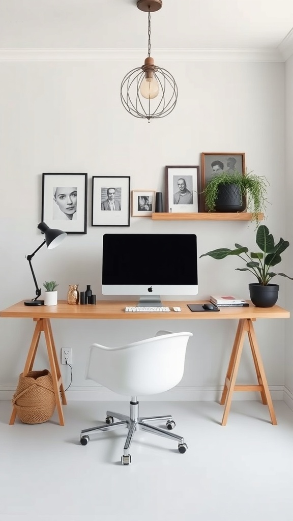A minimalist home office with a wooden desk, a stylish chair, and natural light.