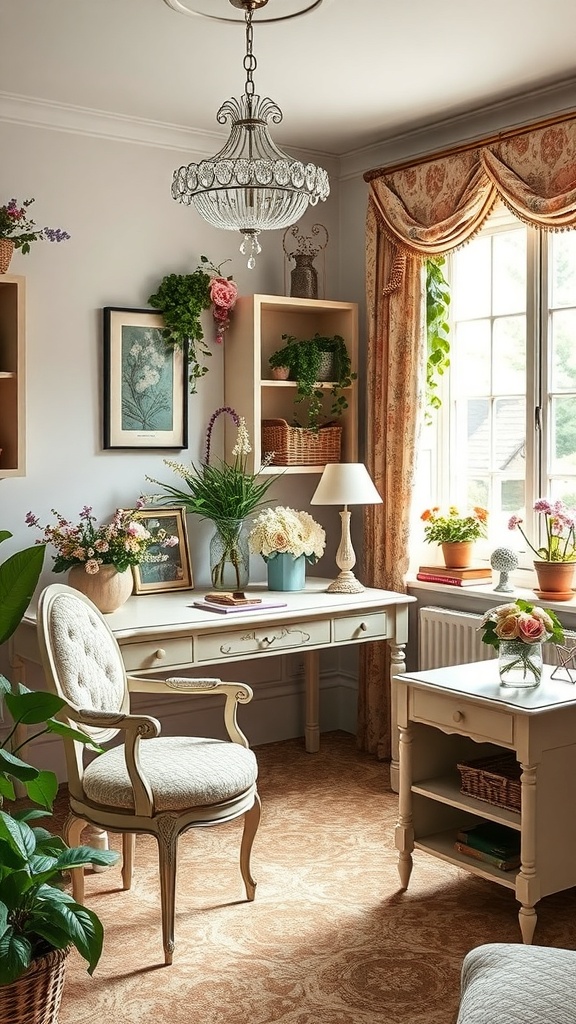 A charming English garden office with a white desk, laptop, bookshelves, and plants.