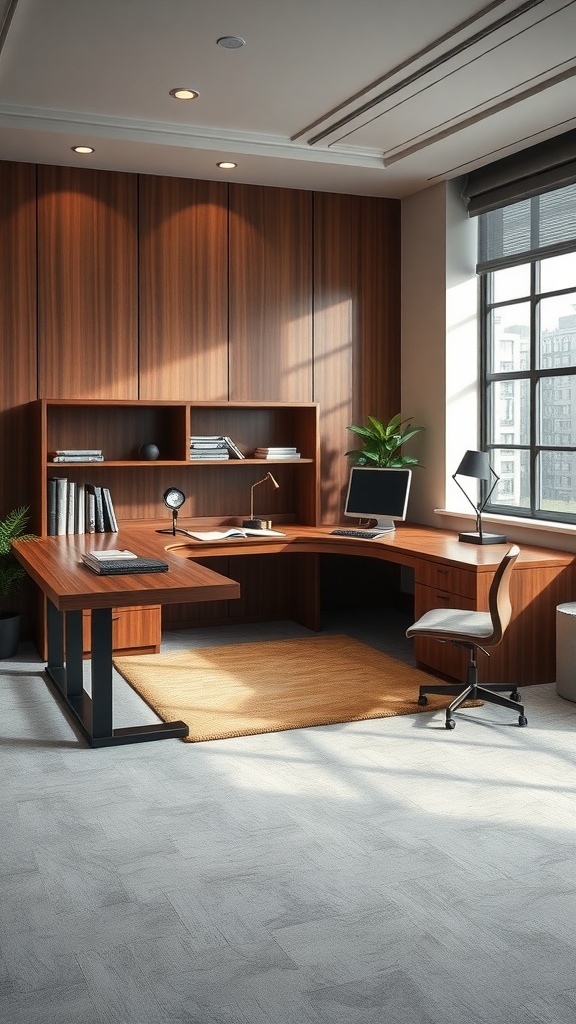 Modern L shaped executive desk with a custom wood finish in a bright office space