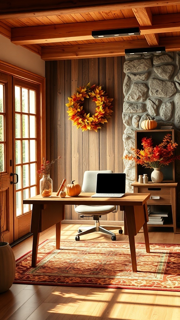 A cozy home office featuring an autumn leaf wreath on the wall, a wooden desk, and fall decorations.