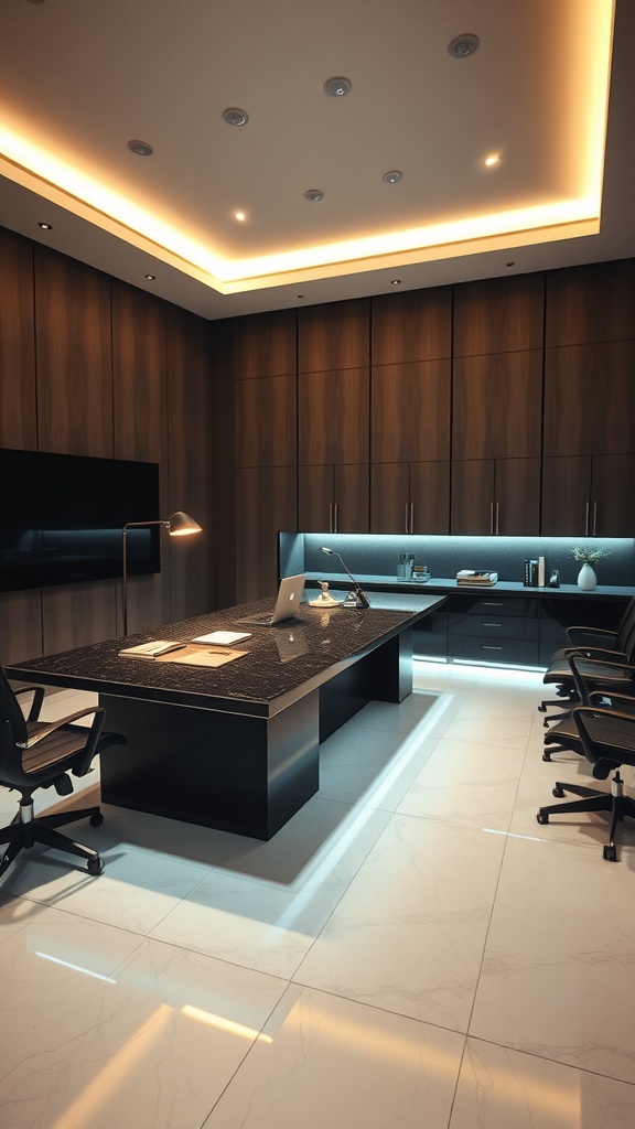 A modern executive desk with integrated lighting in a stylish office setting.