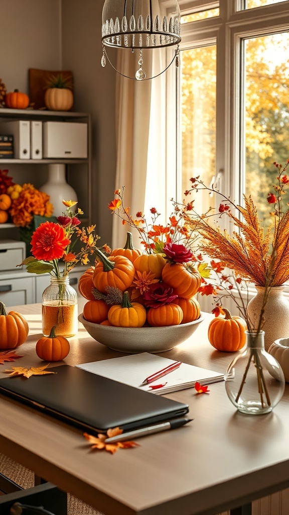 A cozy workspace with a fall-themed centerpiece featuring pumpkins and flowers.